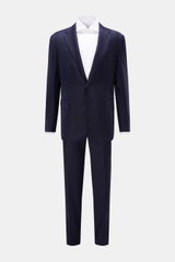 Front view of Stile Latino Anzug 'Vincenzo' navy suit jacket and trousers in soft fine wool twill, slim fit with button-fly pants and three-button blazer.