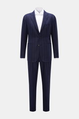 Front view of Stile Latino Anzug 'Vincenzo' navy gestreift suit with slim-fit button-fly trousers and three-button jacket in chalk stripes.