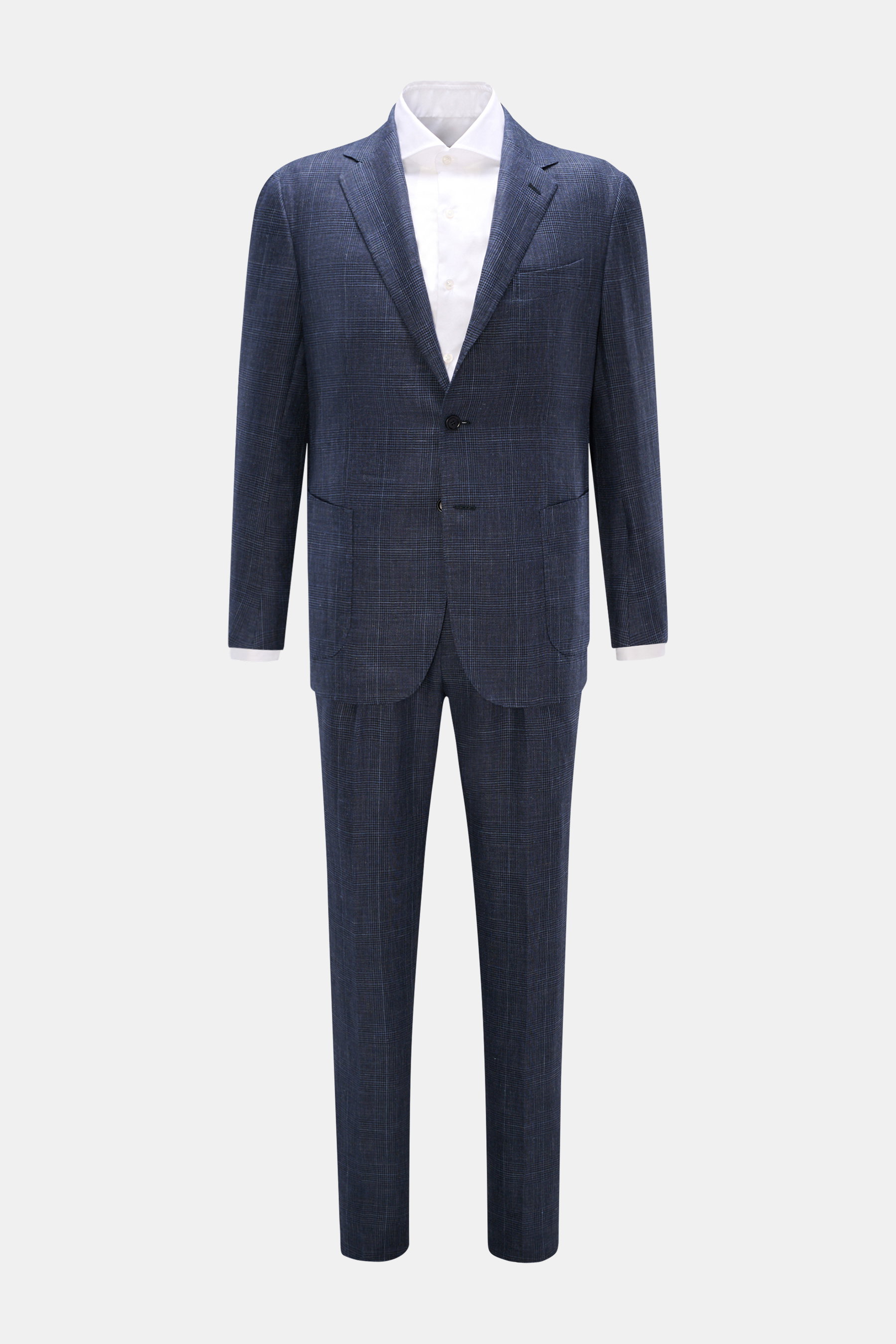 Stile Latino Anzug "Vincenzo" navy/graublau kariert, Frontansicht, Slim Fit Zweiteiler mit Button Fly Hose, Drei-Knopf-Sakko, Prince-of-Wales Muster, Woll-Leinen-Mix.