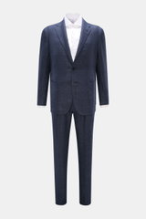 Front view of Stile Latino Anzug 'Vincenzo' navy/graublau kariert, a slim fit Prince-of-Wales patterned suit in wool-linen mix with button-fly trousers, side-adjusters, and a three-button blazer with patch pockets and unfinished sleeves, showcasing timele