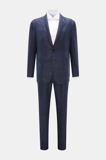 Front view of Stile Latino Anzug 'Vincenzo' navy/graublau kariert, a slim fit Prince-of-Wales patterned suit in wool-linen mix with button-fly trousers, side-adjusters, and a three-button blazer with patch pockets and unfinished sleeves, showcasing timele