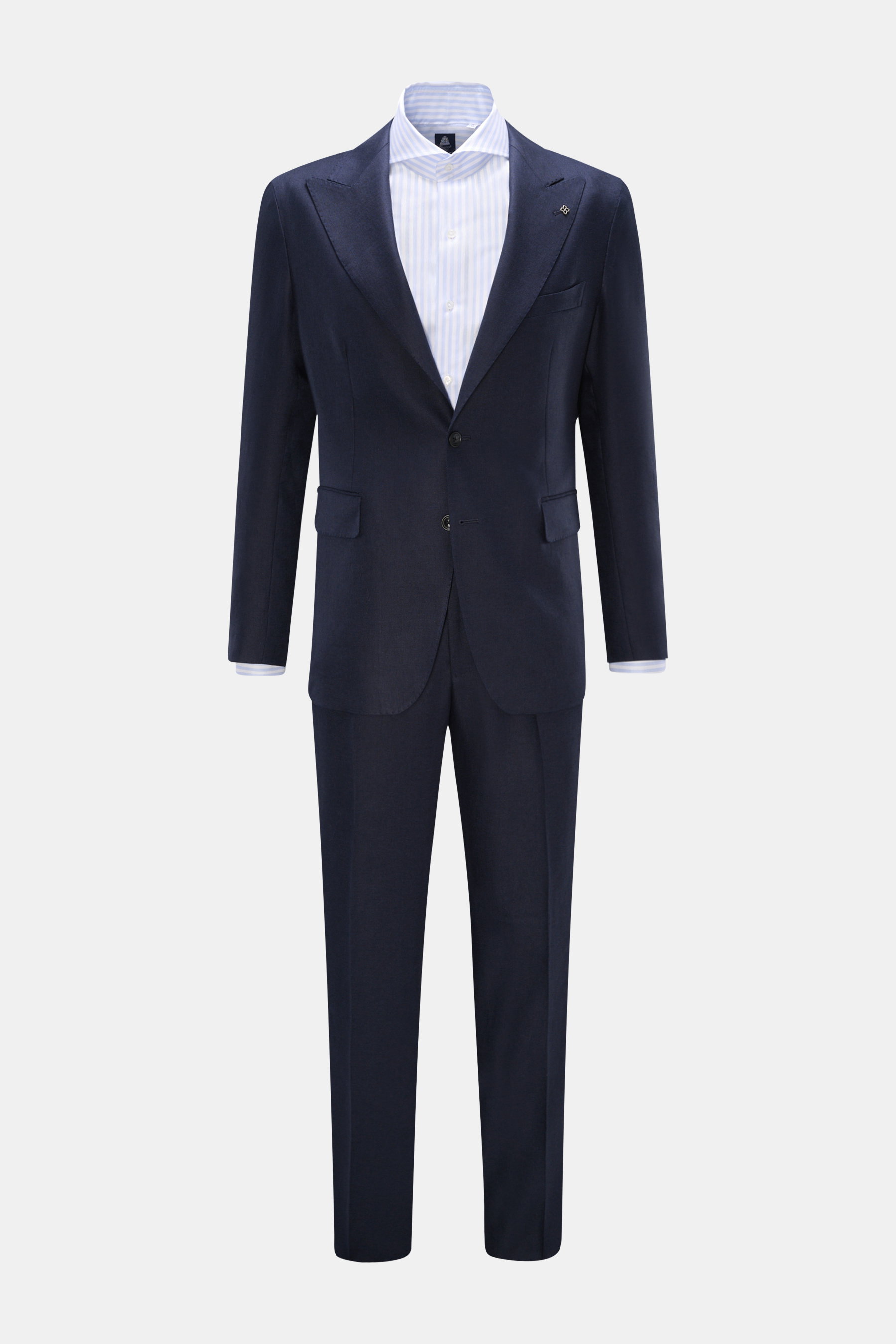 Front view of Tagliatore Linen suit 'Vesuvio' navy, a slim fit, pure linen two-piece with a smart-casual jacket and tapered trousers, half-lined for comfort and elegance.