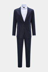 Tagliatore Leinenanzug 'Vesuvio' navy frontal fotografiert, Slim Fit, tailliertes Sakko mit Spitzrevers, halb gefüttert, und schmal zulaufende Hose aus weichem, reinem Leinen.