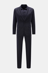 Tagliatore Anzug 'Vesuvio' dark navy, frontale Ansicht, schmal geschnittenes Sakko mit zwei Knöpfen und passende Hose aus Schurwolle mit Seidenanteil.