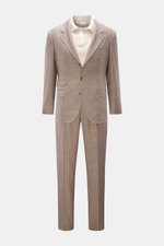 Brunello Cucinelli Anzug graubraun/grau kariert, frontale Ansicht, Unconstructed-Sakko Slim Fit, Regular Fit Hose, Woll-Seide-Leinen-Mix.