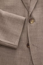 Brunello Cucinelli Anzug graubraun/grau kariert, Detailaufnahme des Unconstructed-Sakkos mit Glencheck-Muster, Knöpfen und Ärmelabschluss, edler Woll-Seide-Leinen-Mix.