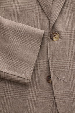 Brunello Cucinelli Anzug graubraun/grau kariert, Detailaufnahme des Unconstructed-Sakkos mit Glencheck-Muster, Knöpfen und Ärmelabschluss, edler Woll-Seide-Leinen-Mix.