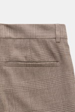Brunello Cucinelli Anzug graubraun/grau kariert, Detailfoto der Rückseite der Hose mit Leistentasche, Wolle-Seide-Leinen-Mix, Glencheck.