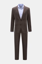 Zegna Anzug 'Natural' dunkelbraun meliert, Slim Fit, aus Wolle, Leinen, Seide, frontale Aufnahme mit tailliertem Sakko und schmal zulaufender Hose.