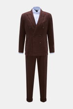 Front view of Santaniello Anzug braun, a slim fit brown linen suit with double-breasted jacket featuring notch lapels, patch pockets, and matching trousers.