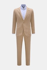 Santaniello Anzug taupe aus reinem Leinen, Slim Fit, frontale Ansicht mit tailliertem Sakko, fallendem Revers, zwei Knöpfen, aufgesetzten Taschen.