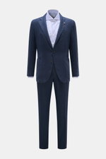 Santaniello Anzug navy, frontale Ansicht, Slim Fit Leinenanzug mit tailliertem Sakko, fallendem Revers, zwei Knöpfen, Vintage-Optik, weicher Griff.