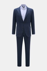 Santaniello Anzug navy, frontale Ansicht, Slim Fit Leinenanzug mit tailliertem Sakko, fallendem Revers, zwei Knöpfen, Vintage-Optik, weicher Griff.