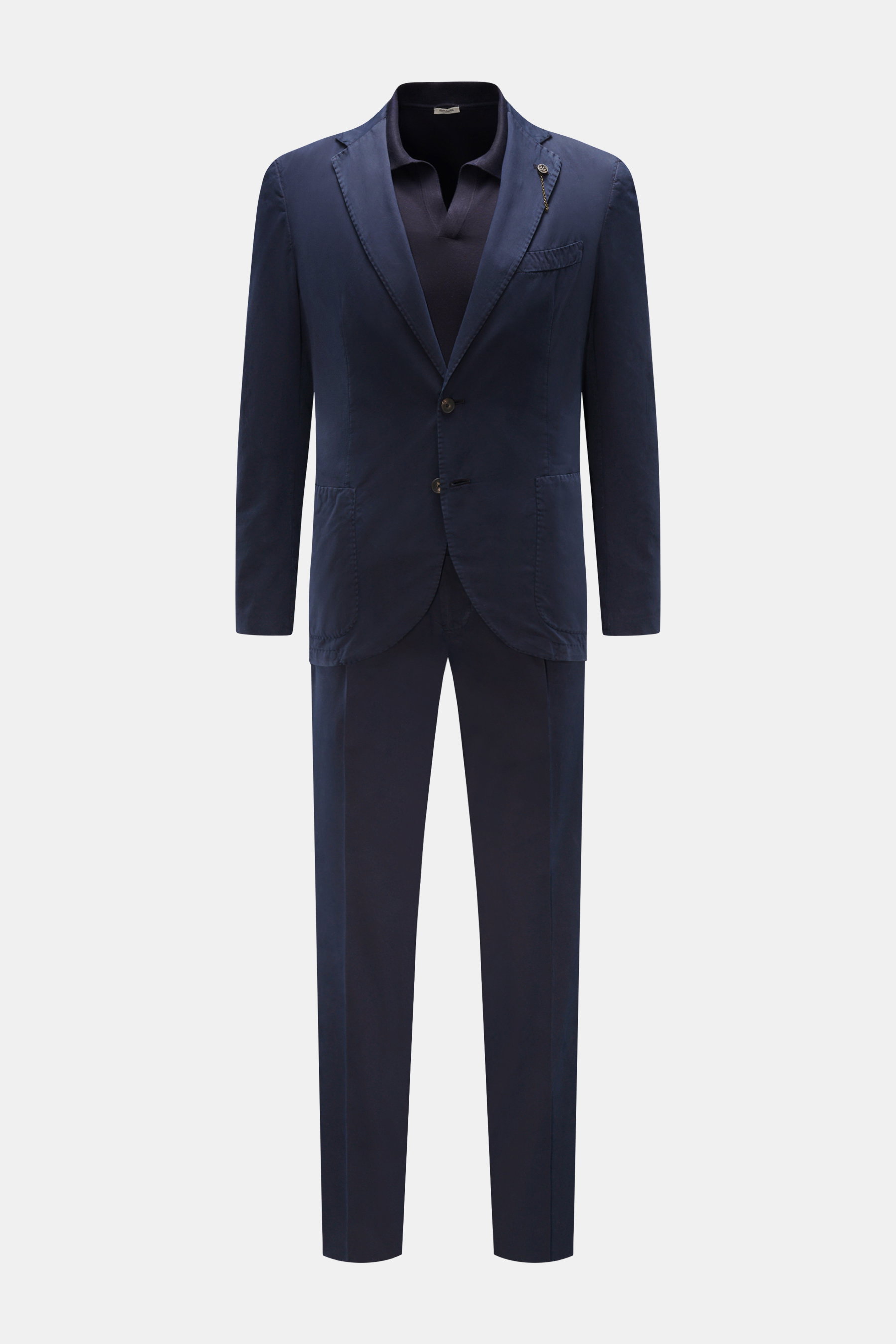 Front view of Santaniello Suit navy in slim fit cotton twill, featuring a two-button jacket with step lapel and tapered trousers, ideal for smart-casual looks.