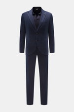 Santaniello Anzug navy, frontale Ansicht, Slim Fit Baumwoll-Twill, tailliertes Sakko mit Zwei-Knopf-Stil, schmale Hose mit französischen Taschen.