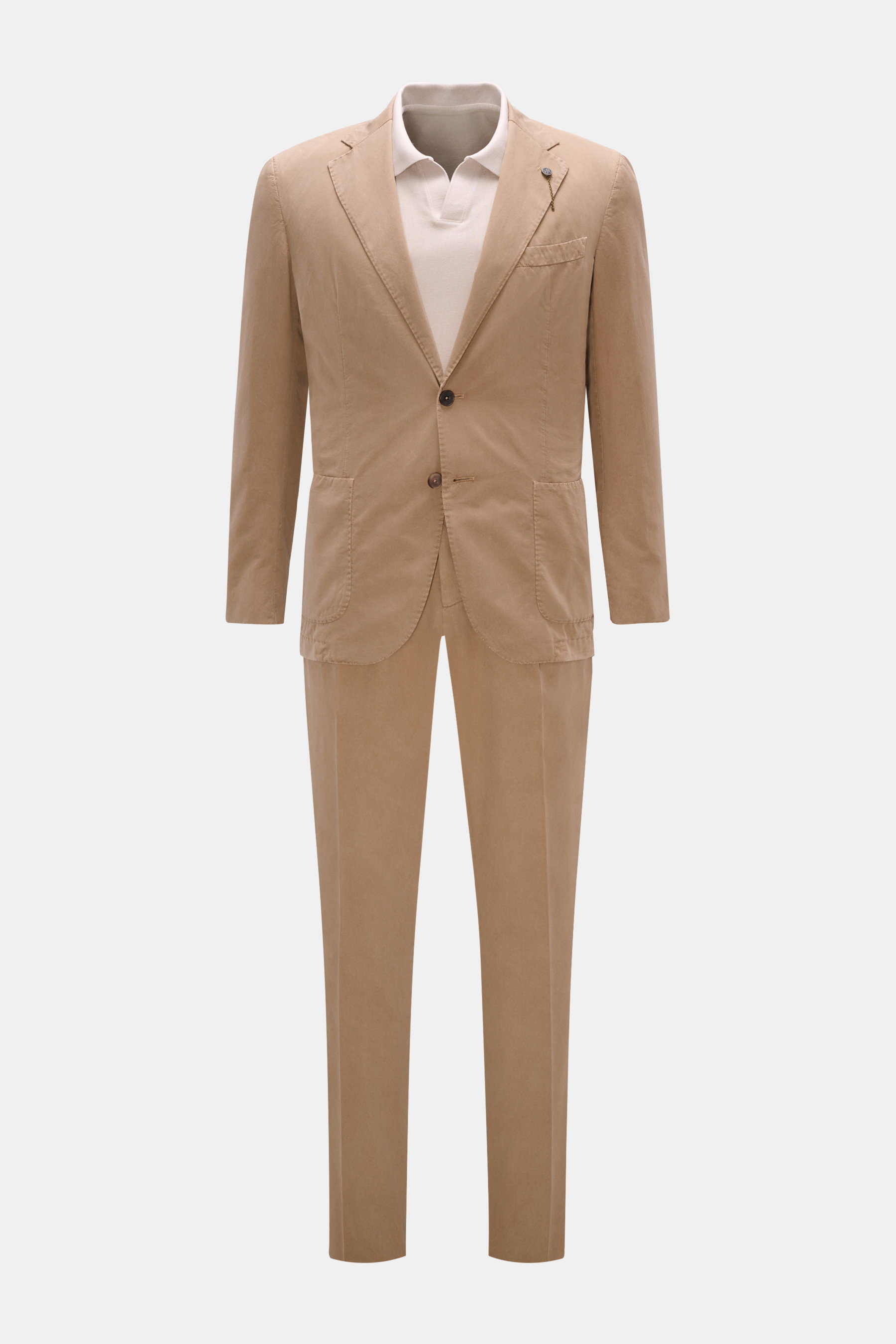 Front view of the Santaniello Suit taupe, a slim fit casual cotton twill suit with a soft feel, featuring a two-button fitted jacket and tapered trousers.