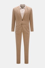 Front view of the Santaniello Suit taupe, a slim fit casual cotton twill suit with a soft feel, featuring a two-button fitted jacket and tapered trousers.