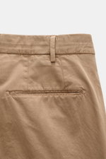 Close-up rear view of Santaniello Suit taupe trousers in pure cotton twill with jetted back pocket and belt loop, soft feel, slim fit.