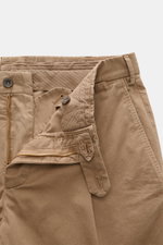 Close-up front view of the Santaniello Suit taupe trousers showing zipper, buttons, belt loops, and pockets in soft pure cotton twill.