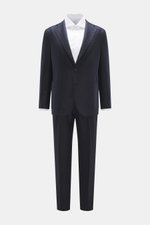 Front view of Boglioli Suit 'K. Jacket' navy in slim fit, lightweight virgin wool with notched lapel, two-button jacket, patch pockets, and tapered trousers.