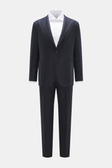 Front view of Boglioli Suit 'K. Jacket' navy in slim fit, lightweight virgin wool with notched lapel, two-button jacket, patch pockets, and tapered trousers.