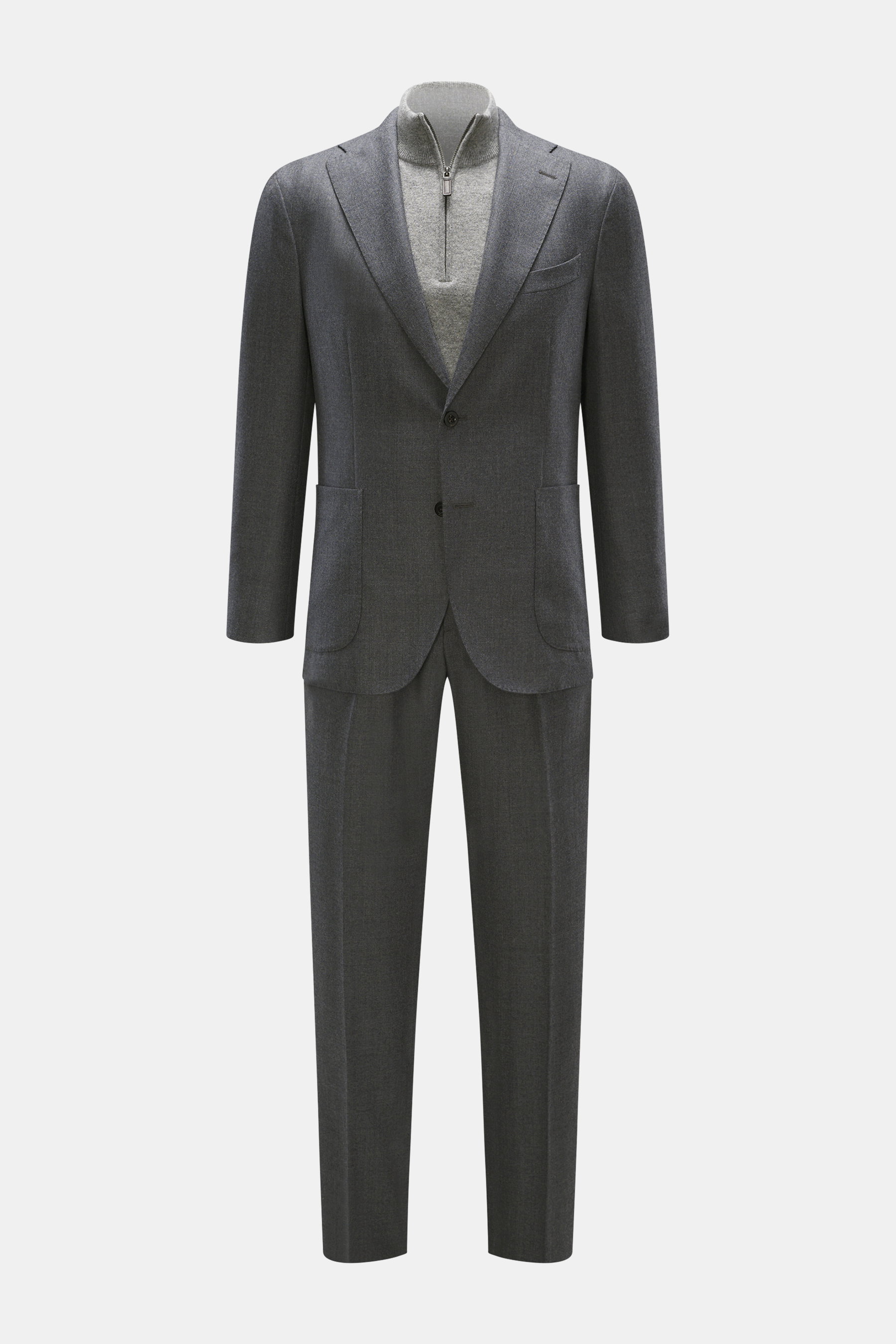 Front view of Boglioli Anzug 'K. Jacket' dark navy meliert, a slim fit suit in lightweight pure wool with soft touch, featuring a tailored two-button jacket with patch pockets, notch lapels, and side vents, paired with tapered trousers with zip and button