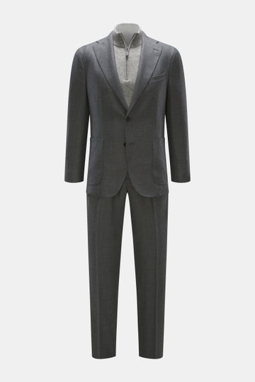 Front view of Boglioli Anzug 'K. Jacket' dark navy meliert, a slim fit suit in lightweight pure wool with soft touch, featuring a tailored two-button jacket with patch pockets, notch lapels, and side vents, paired with tapered trousers with zip and button