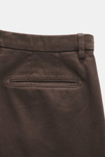 The image you provided shows a close-up view of the back waistband and pocket area of brown fabric trousers, not a blazer. The detailed description you requested is for a blazer, but the product in the image is trousers. Could you please confirm if you wa