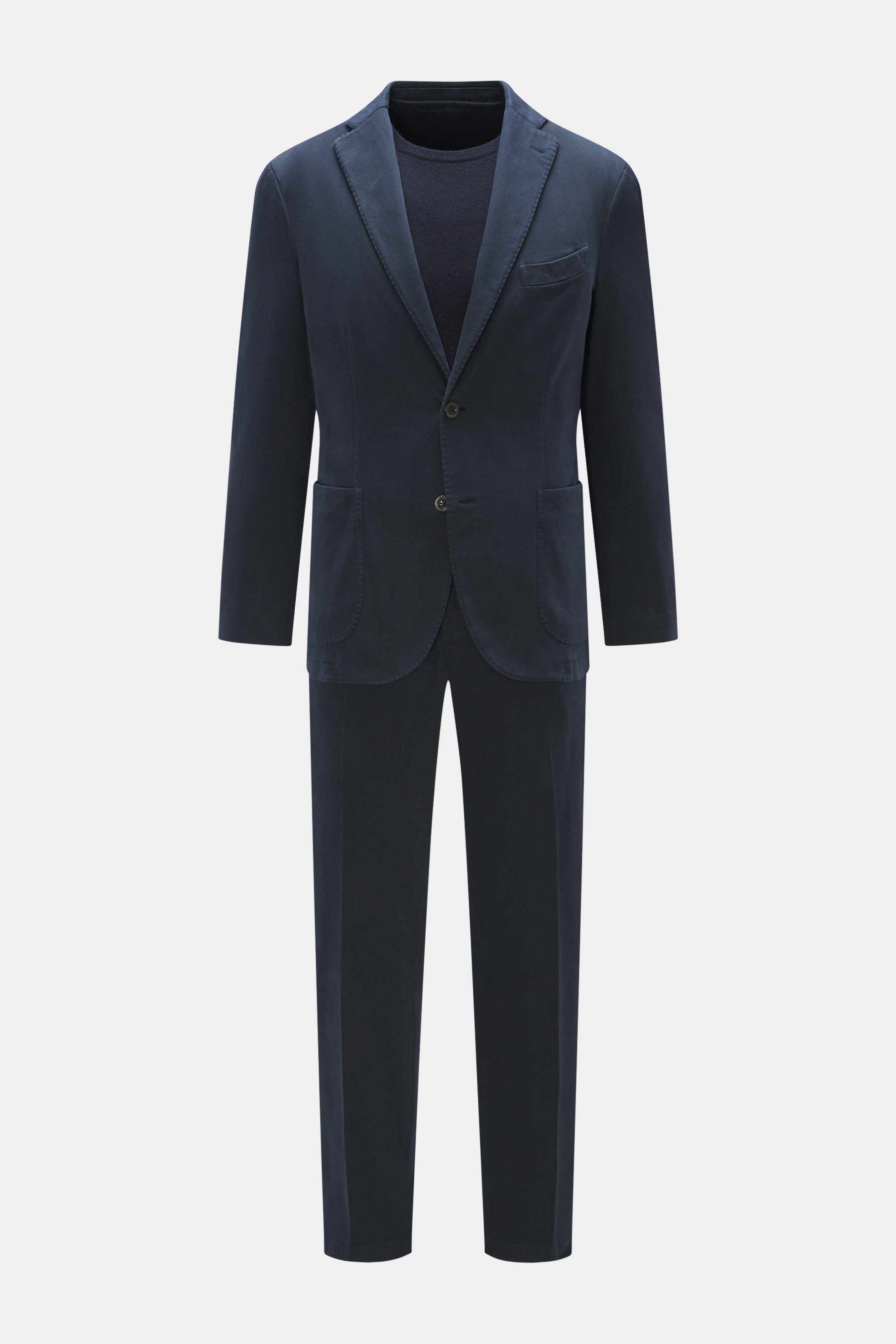Front view of Boglioli Blazer 'K. Jacket' navy, slim fit unconstructed blazer made of stretch cotton twill with notched lapel, two-button style, classic breast pocket, patch hip pockets, kissing buttons, rear side vents, and two inner pockets, styled with