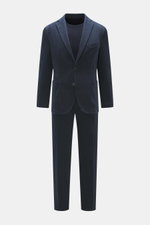 Front view of Boglioli Blazer 'K. Jacket' navy, slim fit unconstructed blazer made of stretch cotton twill with notched lapel, two-button style, classic breast pocket, patch hip pockets, kissing buttons, rear side vents, and two inner pockets, styled with