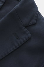 Close-up top view of Boglioli Blazer 'K. Jacket' navy showing twill stretch cotton fabric, notched lapel, and buttonhole detail.