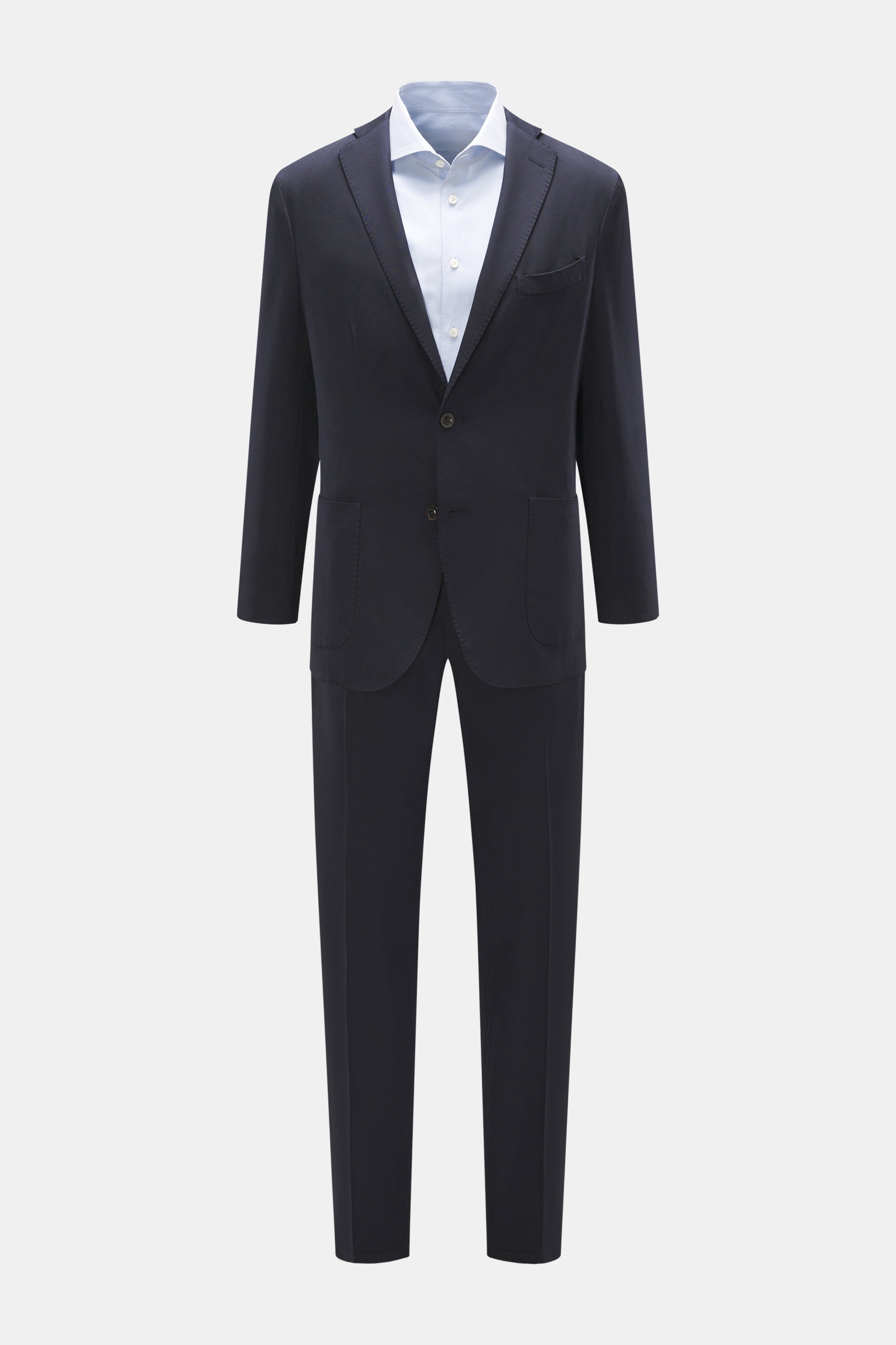 Front view of Boglioli Suit 'K. Jacket' dark navy, featuring a slim fit, two-button tailored jacket with notched lapel, patch hip pockets, and lightweight virgin wool twill trousers with tapered legs.