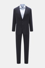 Front view of Boglioli Suit 'K. Jacket' dark navy, featuring a slim fit, two-button tailored jacket with notched lapel, patch hip pockets, and lightweight virgin wool twill trousers with tapered legs.