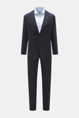 Front view of Boglioli Suit 'K. Jacket' dark navy, featuring a slim fit, two-button tailored jacket with notched lapel, patch hip pockets, and lightweight virgin wool twill trousers with tapered legs.