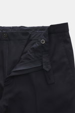Close-up front view of dark navy trousers from the Boglioli Suit 'K. Jacket' featuring lightweight virgin wool twill, zipper, button closure, and French pockets. Contemporary unconstructed design meets Italian craftsmanship with a slim fit, soft touch, an