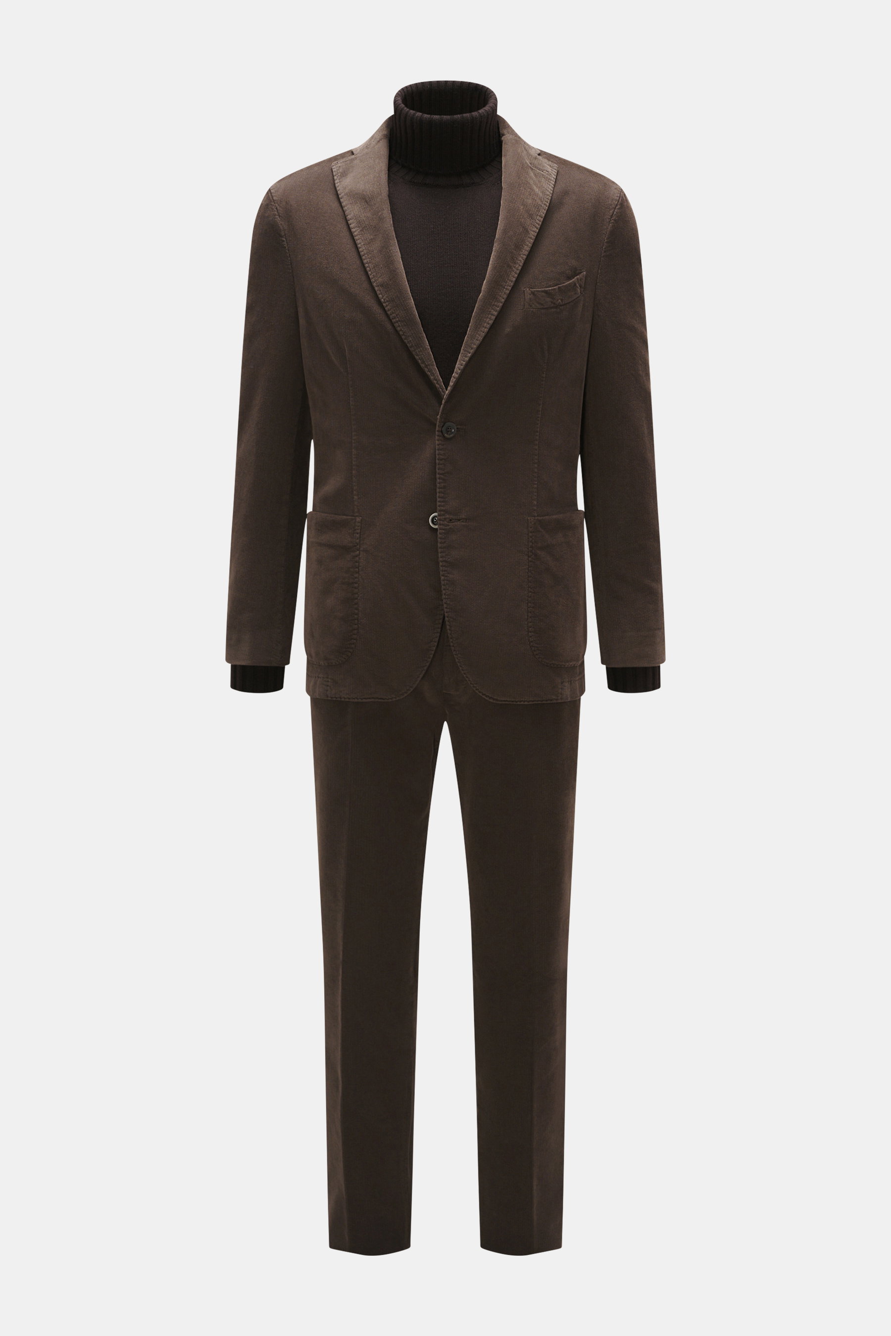 Front view of Boglioli Corduroy Suit 'K. Jacket' grey brown, featuring a slim fit, two-button jacket with notched lapel and patch pockets, paired with tapered trousers; made from a soft, slightly elastic cotton-modal blend, practical for business trips.