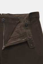 Close-up front view of the waistband and zipper area of Boglioli Corduroy Suit 'K. Jacket' grey brown trousers in soft, slightly elastic cotton blend.