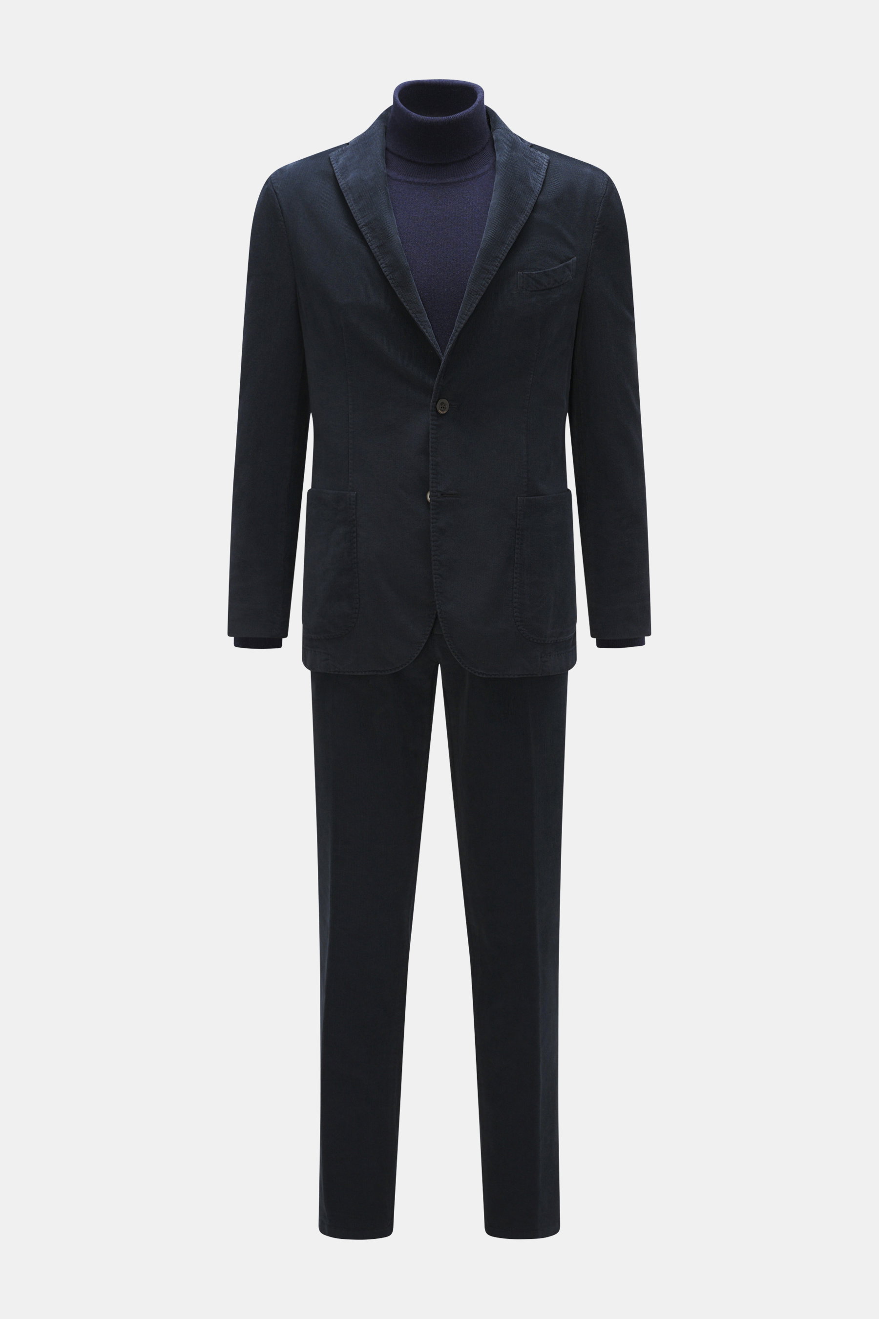 Frontale Ansicht des Boglioli Cordanzug 'K. Jacket' navy aus elastischem Baumwoll-Mix, tailliertes Sakko mit zwei Knöpfen.
