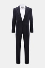 Front view of the Tom Ford Anzug 'Shelton' navy, a slim fit, two-button pure wool suit with flap pockets and side adjusters on the pants.