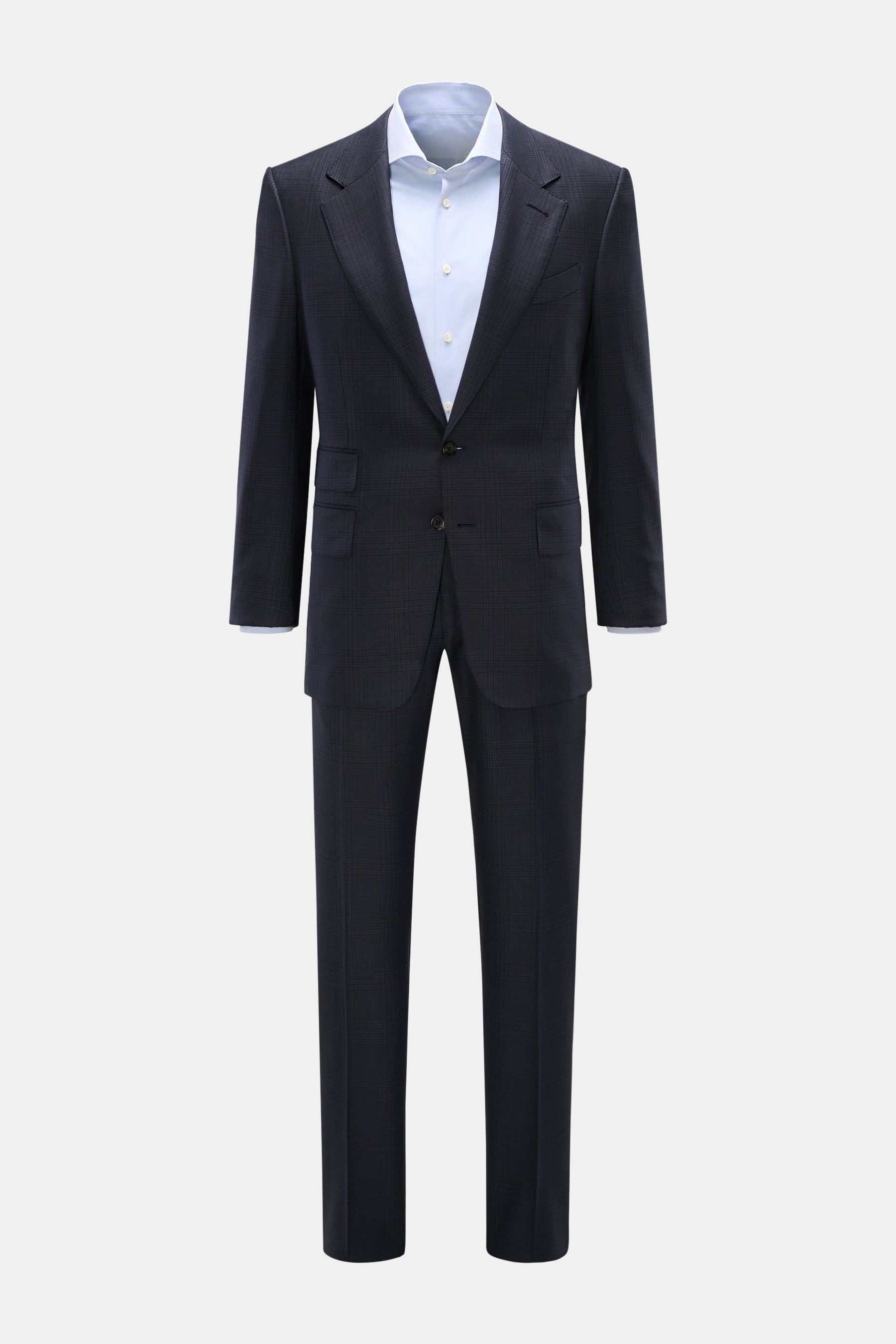 Tom Ford Anzug 'Shelton' navy/schwarz kariert, Slim Fit Sakko mit Glencheck, Patten-Taschen, Side Adjustern, frontal fotografiert.