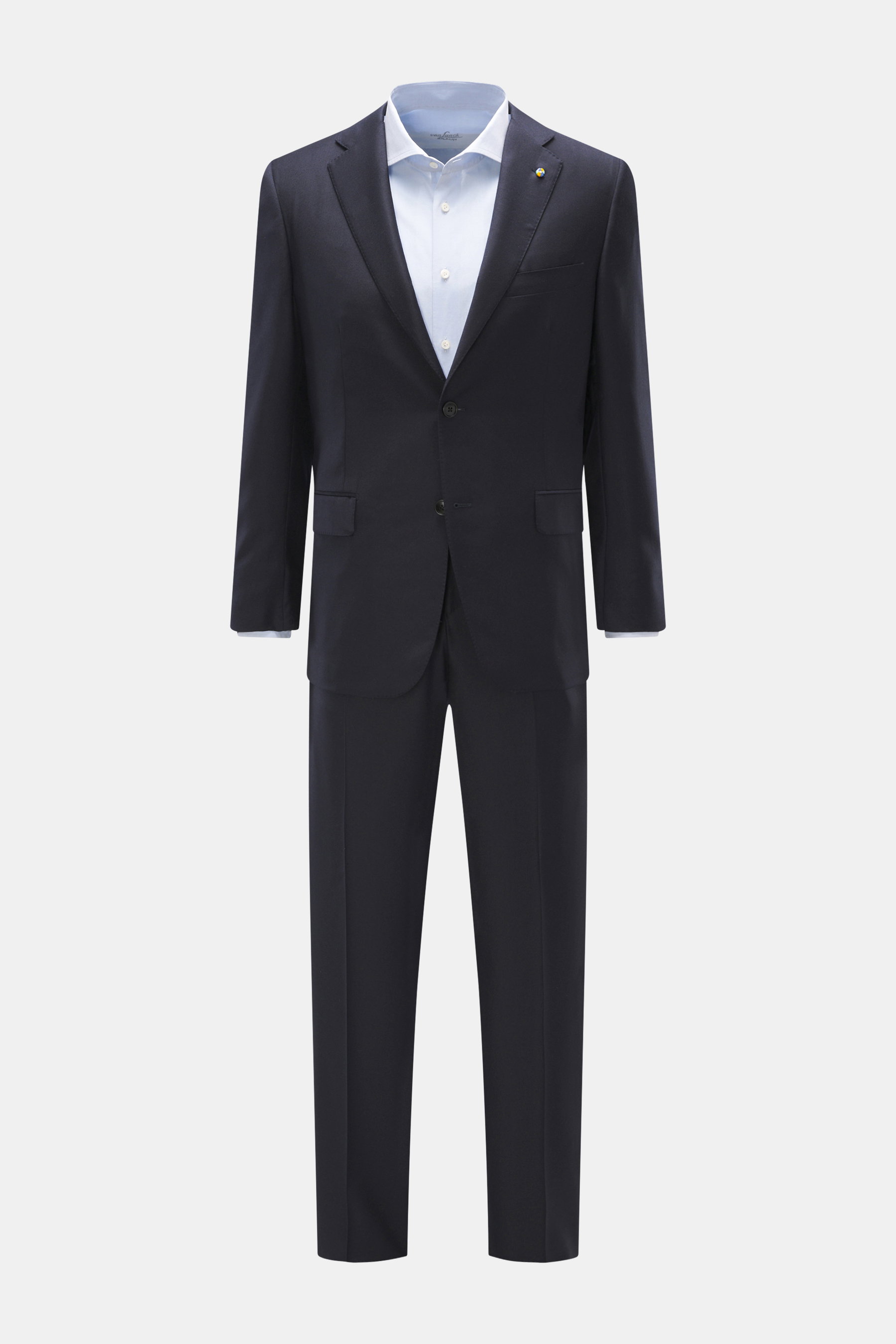 Front view of Belvest Suit navy made of pure super 150'S wool with soft feel and slim fit, featuring a tailored two-button jacket with notched lapel, breast pocket, flap hip pockets, unfinished sleeve cuffs, rear side vents, smooth lining, four inside poc