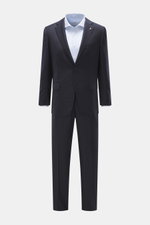 Front view of Belvest Suit navy made of pure super 150'S wool with soft feel and slim fit, featuring a tailored two-button jacket with notched lapel, breast pocket, flap hip pockets, unfinished sleeve cuffs, rear side vents, smooth lining, four inside poc