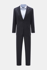 Front view of Belvest Suit navy made of pure super 150'S wool with soft feel and slim fit, featuring a tailored two-button jacket with notched lapel, breast pocket, flap hip pockets, unfinished sleeve cuffs, rear side vents, smooth lining, four inside poc