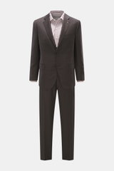 Front view of Belvest Suit grey brown melange made from pure super 150'S wool with soft feel and slim fit, tailored two-button jacket with notched lapel pin, classic breast pocket, flap hip pockets, unfinished sleeve cuffs, rear side vents, smooth lining,