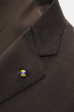 Close-up front view of the Belvest Suit grey brown melange, made of pure super 150'S wool with soft feel and slim fit. Jacket features tailored two-button style, notched lapel with pin, classic breast pocket, hip pockets with flap, unfinished sleeve cuffs