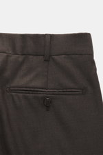 Close-up rear view of the Belvest Suit grey brown melange trousers made of pure super 150'S wool, soft feel, slim fit; jacket features tailored two-button style, notched lapel with pin, classic breast pocket, hip pockets with flap, sleeve cuffs unfinished
