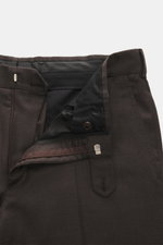 Belvest Suit grey brown melange trousers close-up from top front, pure super 150'S wool, soft feel, slim fit, zipper, waistband hook, French pockets, small watch pocket, welted back pockets with button, open length.