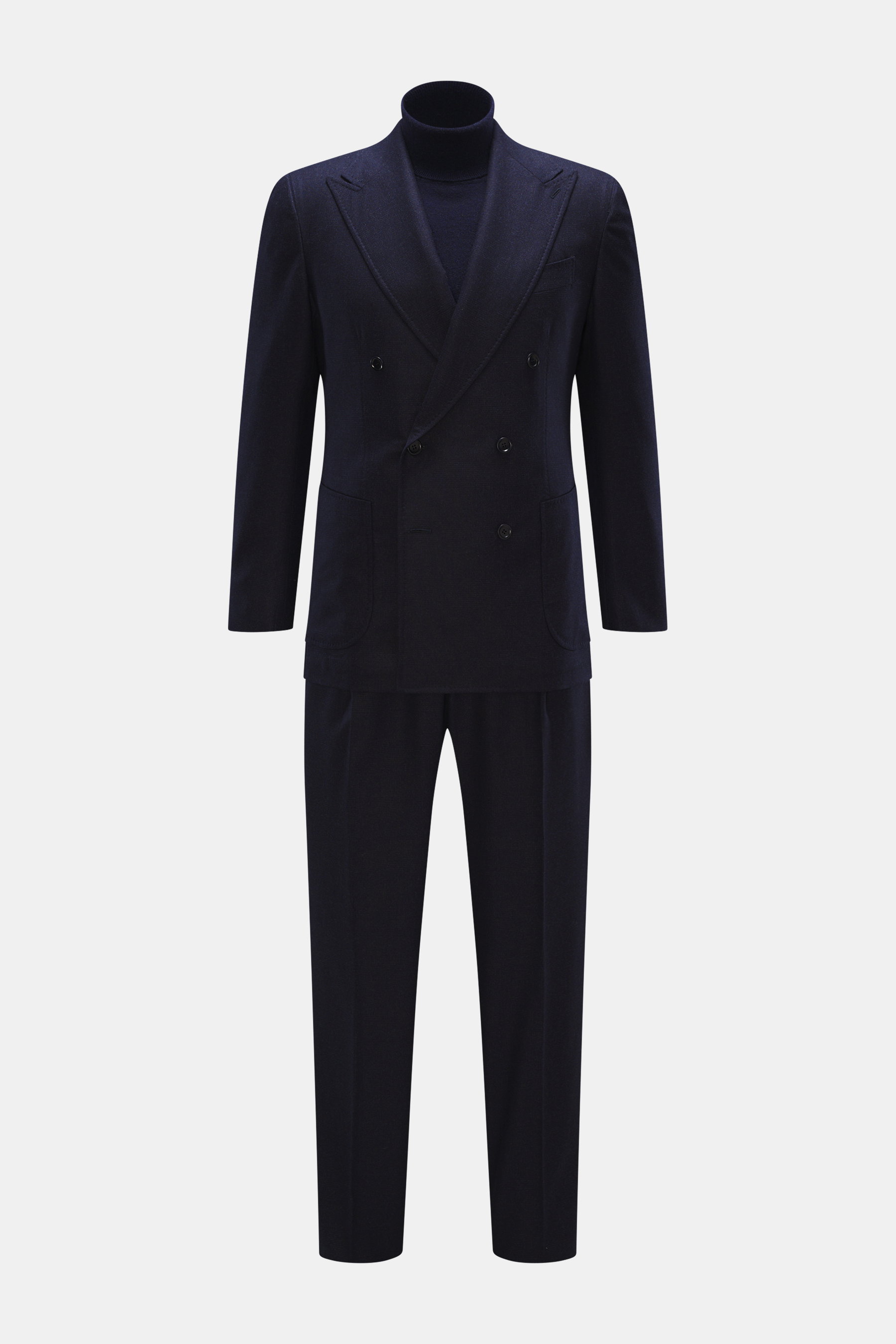Front view of the Stile Latino Suit 'Andrea' navy melange, a slim-fit two-piece with a subtle Prince-of-Wales pattern, double-breasted jacket, and button-fly trousers featuring side adjusters, crafted from a wool-cashmere blend with a very soft touch.