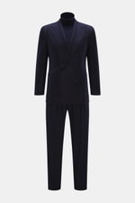 Front view of the Stile Latino Suit 'Andrea' navy melange, a slim-fit two-piece with a subtle Prince-of-Wales pattern, double-breasted jacket, and button-fly trousers featuring side adjusters, crafted from a wool-cashmere blend with a very soft touch.