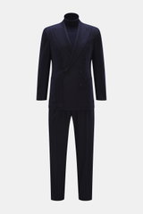 Front view of the Stile Latino Suit 'Andrea' navy melange, a slim-fit two-piece with a subtle Prince-of-Wales pattern, double-breasted jacket, and button-fly trousers featuring side adjusters, crafted from a wool-cashmere blend with a very soft touch.